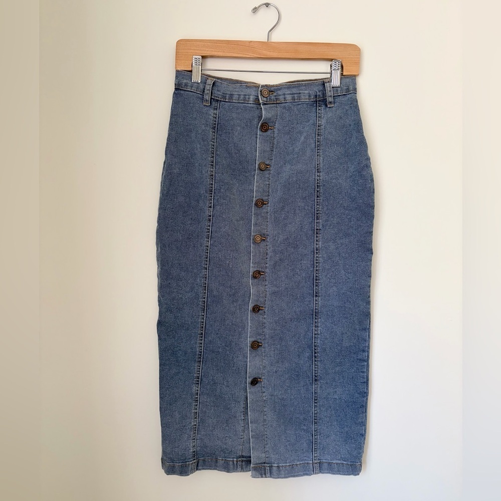 Happily Grey Denim Button-Front Midi Skirt